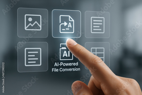 AI powered file conversion technology with finger touching digital interface icons