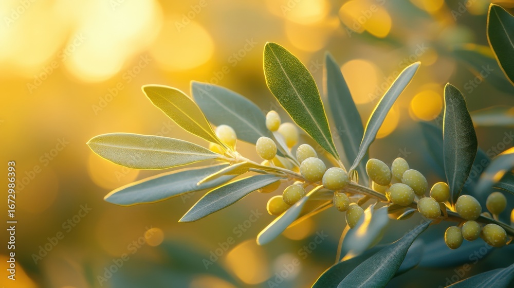 Obraz premium Olive Branch with Green Olives and Leaves in Golden Light