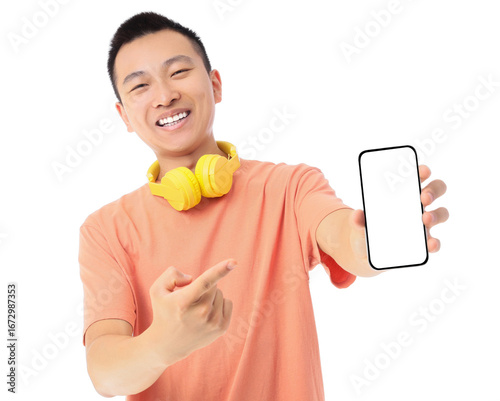 Young Asian man pointing at...