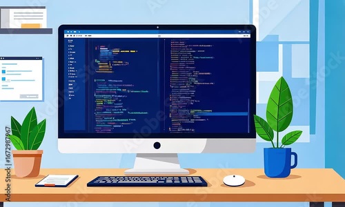 Modern workspace illustration with computer and code