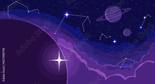 Vibrant celestial night sky with constellations and planets.