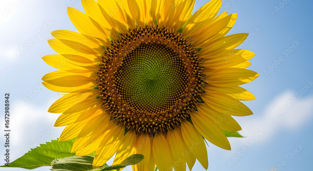 Naklejka premium The radiant sunflower displays its golden petals against the vast expanse of the serene sky, capturing the essence of summertime splendor and natural grace with an unwavering optimism