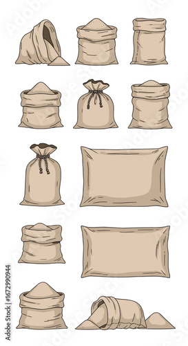 Collection of various sacks and bags filled with grain and other contents for storage and transportation purposes