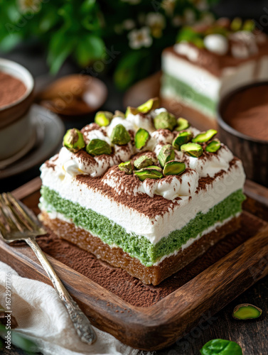 Wallpaper Mural A piece of tiramisu, layered with green cake and white cream on top, sprinkled with pistachios and chocolate. AI generative. Torontodigital.ca