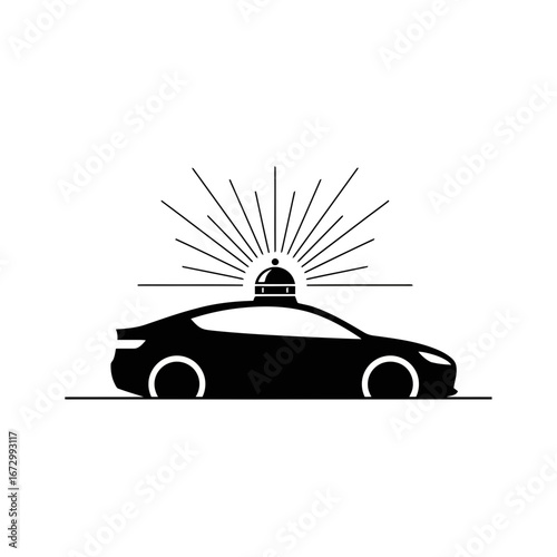 Autonomous car with lidar rays; white background, black vector, minimal.