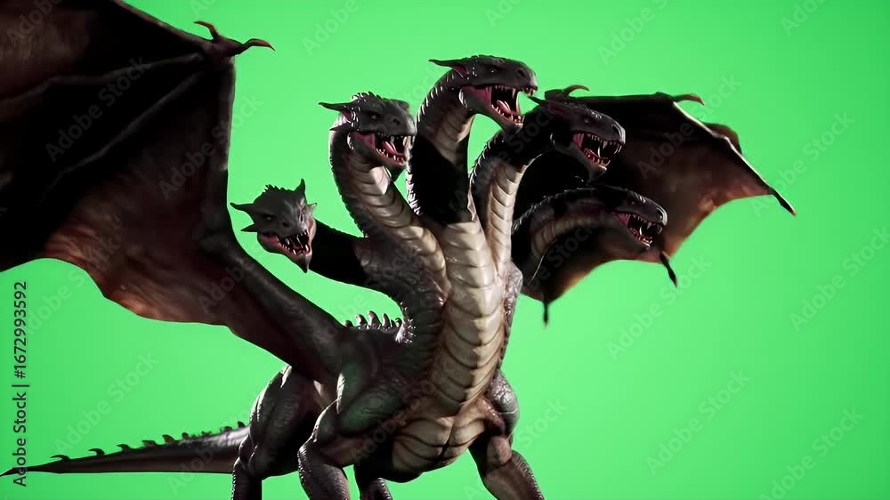 Aggressive Hydra Roaring and Lifting its Heads Against a Green Screen ...
