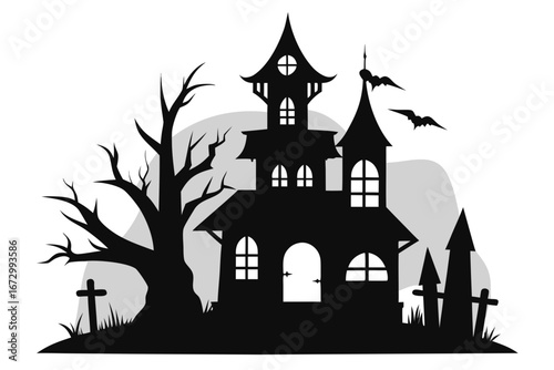 Spooky Halloween castle vector illustration at night with bats and moon