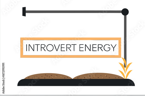 Introvert Energy text with plant and soil illustration on white background lettering