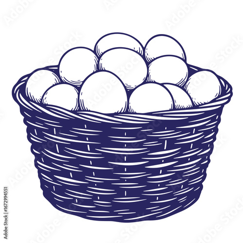 A hand drawn illustration of a wicker basket full of farm fresh white eggs