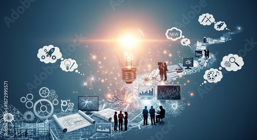 The image depicts a concept related to innovation, business development, and collaboration, with a central lightbulb symbolizing new ideas or breakthroughs. 