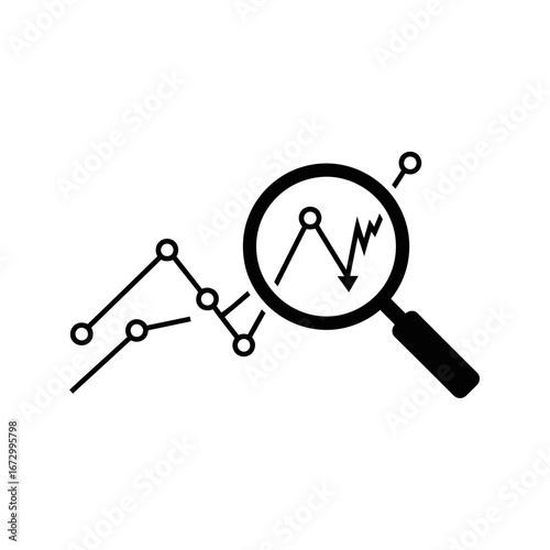 Anomaly detection magnifier; white background, black vector.