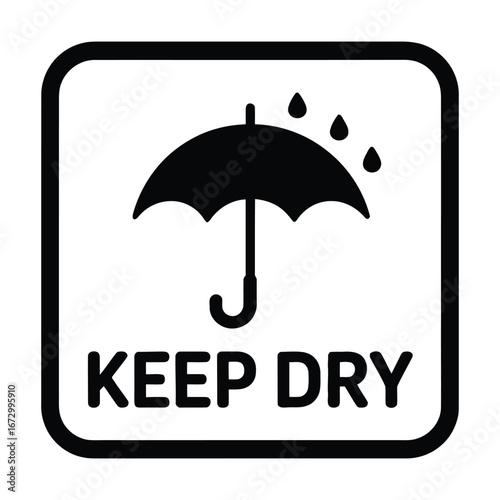 Black silhouette of an umbrella with raindrops above the words keep dry