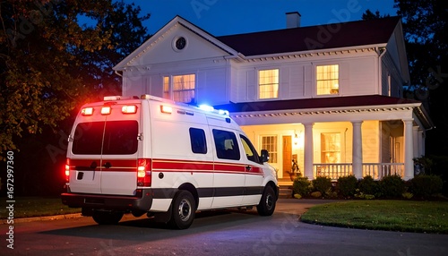 Emergency vehicle outside a house at night
