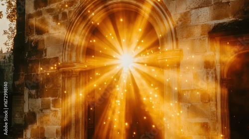 Mystical portal of light through a stone archway inviting new beginnings hope