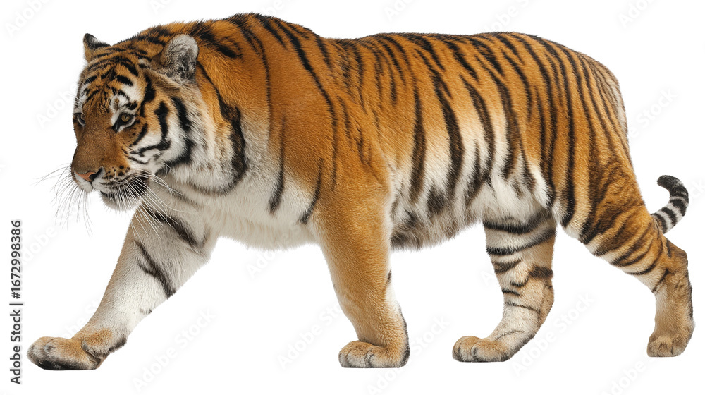 Obraz premium Profile of tiger in stalking posture, muscles tense isolated on a Transparent background, PNG file.