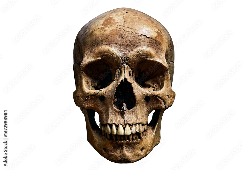 Fototapeta premium Ancient weathered human skull with eroded surface, hollow eye sockets, worn teeth, isolated on transparent or white background