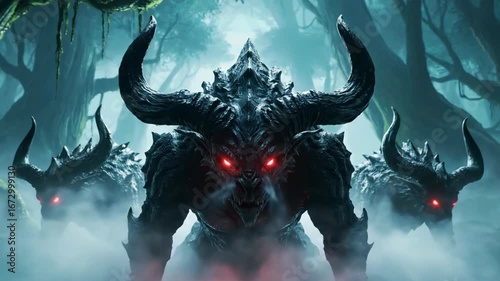 Three menacing demonic creatures with glowing red eyes and large horns in a foggy forest.
