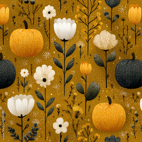 A painting of flowers and pumpkins on a yellow background