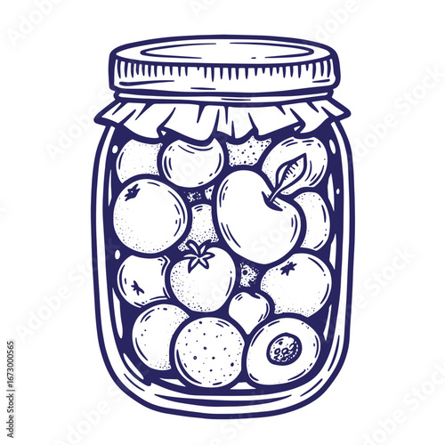 Detailed hand drawn illustration of pickled fruit preserved in a glass canning jar