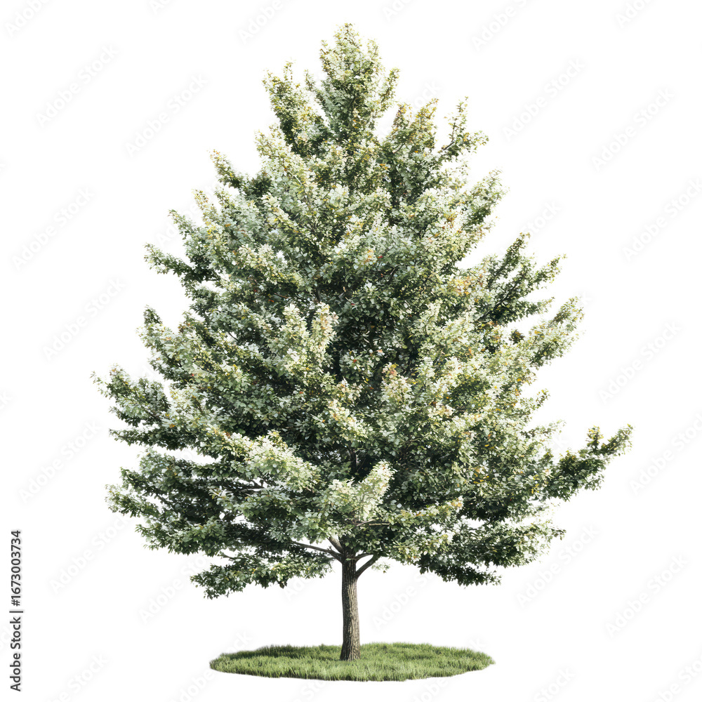 Obraz premium A Mature Deciduous Tree With Green Foliage Stands On A Circular Patch Of Grass Against A Transparent Background