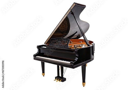 Grand piano open lid with intricate wood Black isolated on transparent or white background