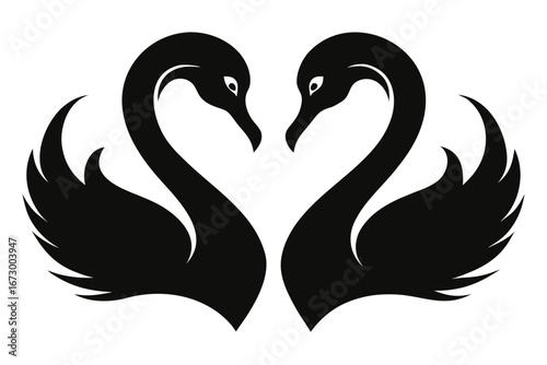 Swan couple illustration on lake with heart and nature elements