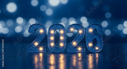 2026 New Year Numbers on Reflective Surface with Glowing Lights and Bokeh Background