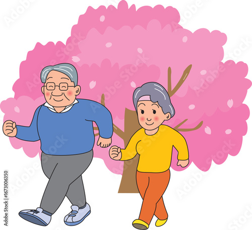 桜並木をウォーキングする老夫婦
