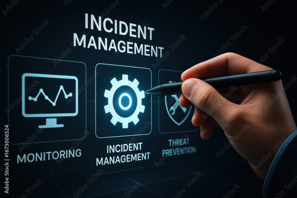 Obraz premium Incident management concept with hand holding stylus pen pointing at gear icon on digital screen