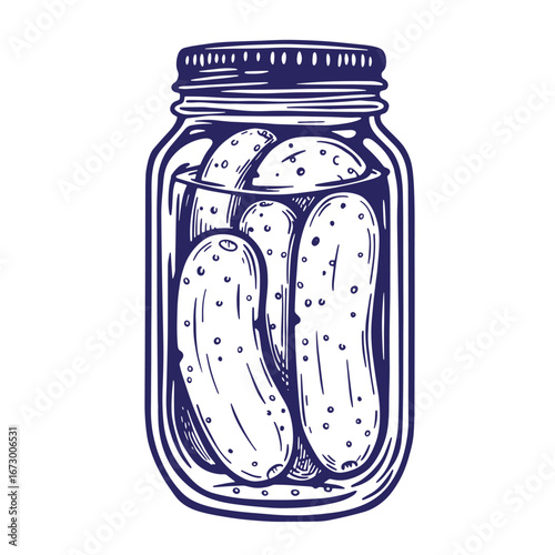 Hand drawn illustration of a jar of pickles with a vintage style and aesthetic.