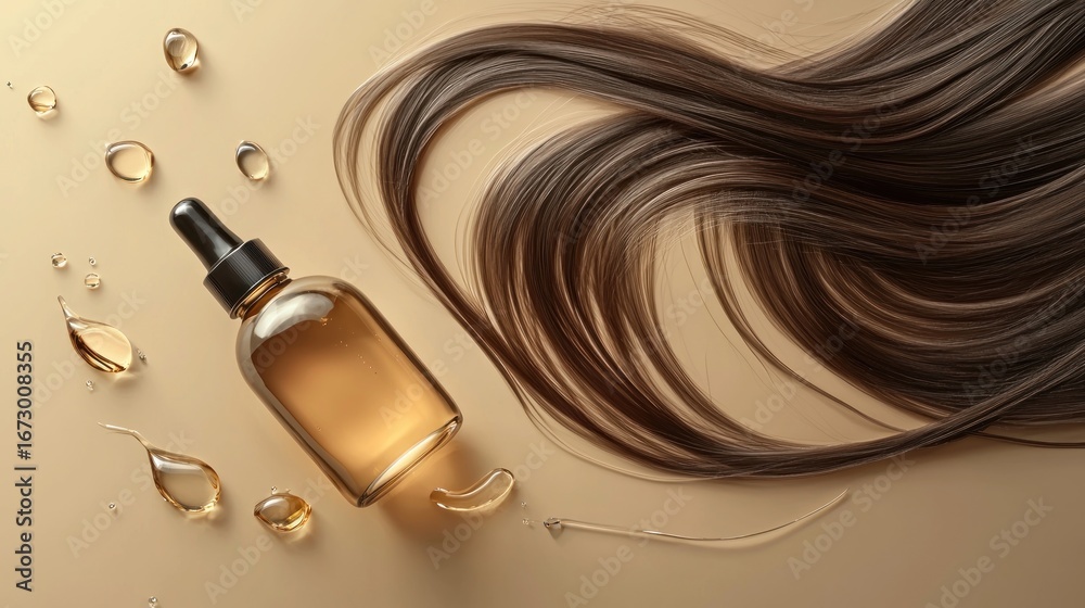Fototapeta premium Nourish hair of shampoo or Oil Vitamin serum. Repair damaged hair concept, 3d rendering.