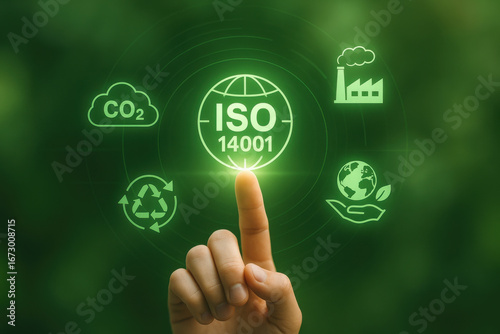 ISO 14001 environmental management certification concept with green icons and finger touch