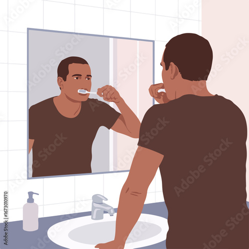 Man brushing his teeth in the bathroom mirror as part of daily routine