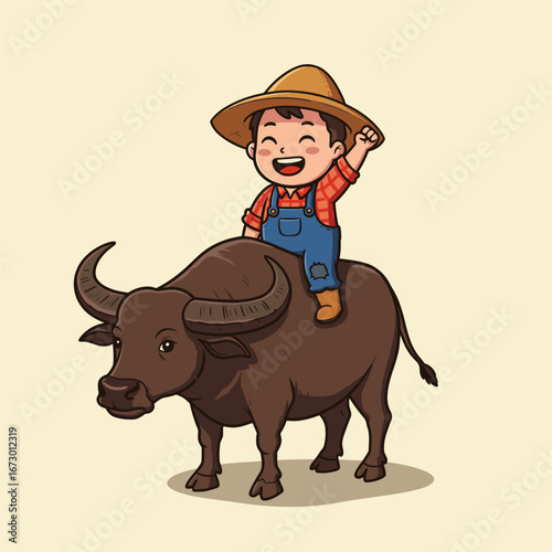 Joyful child in red plaid shirt and patched overalls rides a calm black buffalo, raising one arm with a cheerful smile under a straw hat.