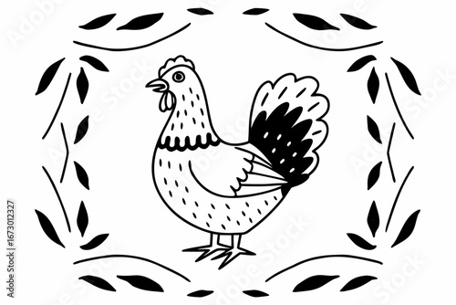 Hand-drawn style simple illustration of a chicken. Line art. Chicken coop. Egg. Rooster. Hen. Easter.