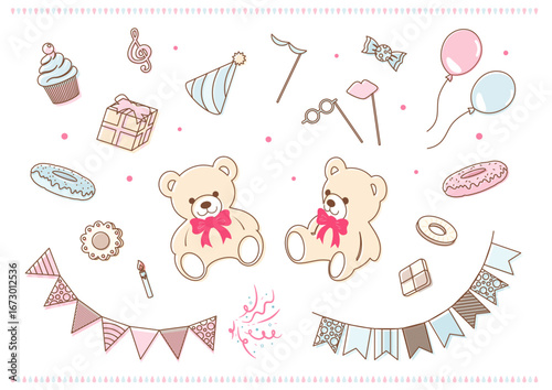 スイーツと飾り付きテディベアのかわいい誕生日パーティーイラスト　Cute Teddy Bear Birthday Party Illustration with Sweets and Decorations
