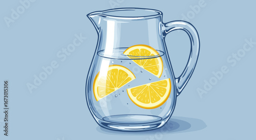 Refreshing Lemon Water in Glass Pitcher Summer Drink Illustration.