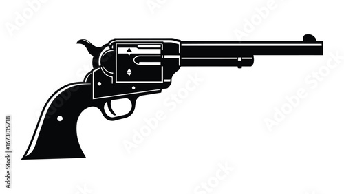 A detailed silhouette of a classic revolver, a vintage firearm design, on a white background