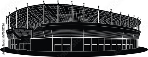 Modern stadium exterior, large sports arena, open air venue, architectural design, event space, spectator seats, illuminated roof, sports facility.