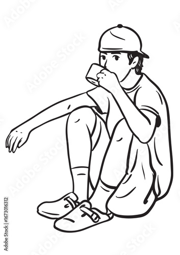 Contemplative Sip: A solitary figure sits deep in thought, cup in hand, lost in the comforting ritual of a quiet moment.