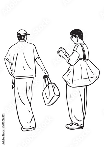 Urban Stroll: Capturing the candid moment of two individuals engaging in a casual interaction, set against a clean backdrop, highlighting the essence of everyday life and personal connection.