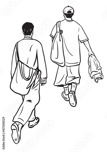Urban Stroll: Two individuals engage in a leisurely promenade through an urban setting. This illustration captures the essence of a relaxed outing.