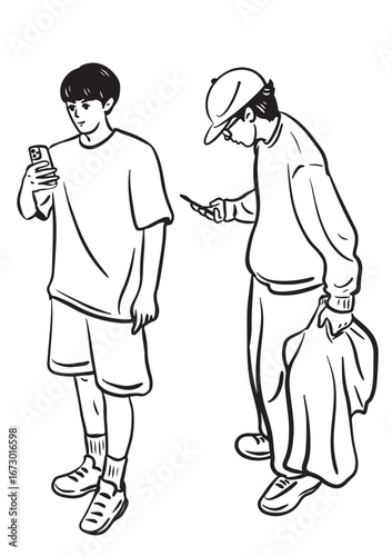 Illustration of Young People with Phones: Two young people in a clean and minimalist illustration, are absorbed in their phones, depicted in simple lines and shades.