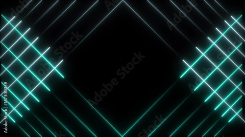 Abstract diagonal neon glowing line frame, animated moving led light screen box 3d rendering, empty space border presentation design background, futuristic laser sprectrum backdrop.