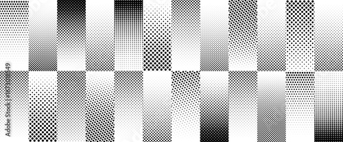 Halftone gradient stripes background. Fading dotted gradation lines wallpaper. Repeating dotwork strip pattern backdrop. Black and white parallel dot lines wallpaper for overlay, print, cover. Vector