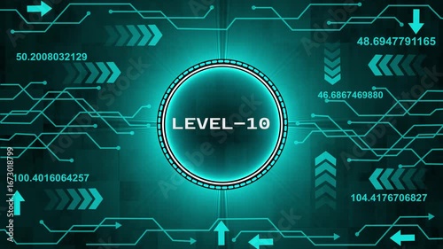 Level-10 text glowing animation with technology background. Level-10 text glowing animation. technology abstract background of animation concepts.