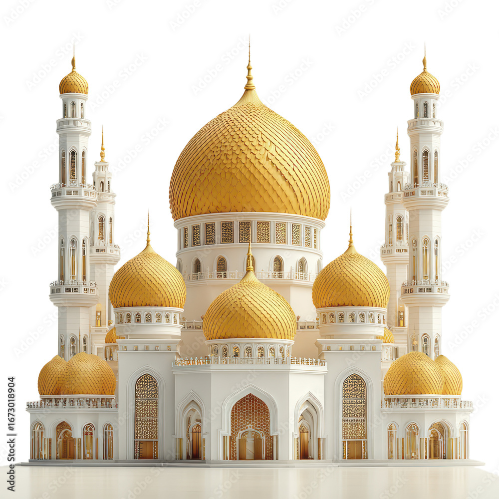 Fototapeta premium Ornate White And Gold Mosque With Multiple Domes And Tall Minarets Against A Transparent Background