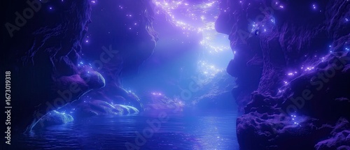 Ethereal cave lake: glowing lights illuminate rocky formations in a dreamlike blue and purple landscape