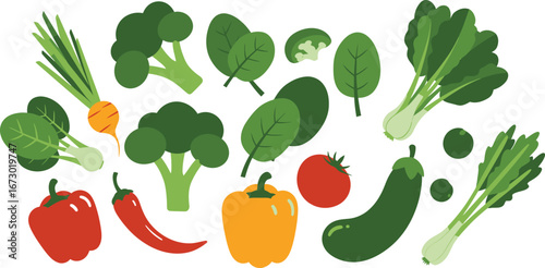 Colorful assortment of fresh vegetables broccoli spinach peppers tomato eggplant and more.