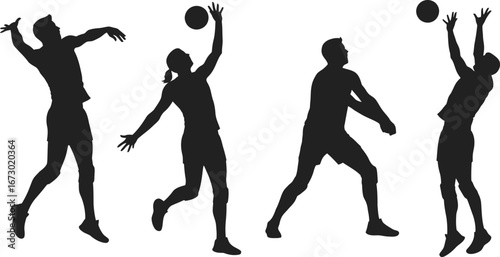 Dynamic Silhouettes of Volleyball Players in Action Spiking and Setting.